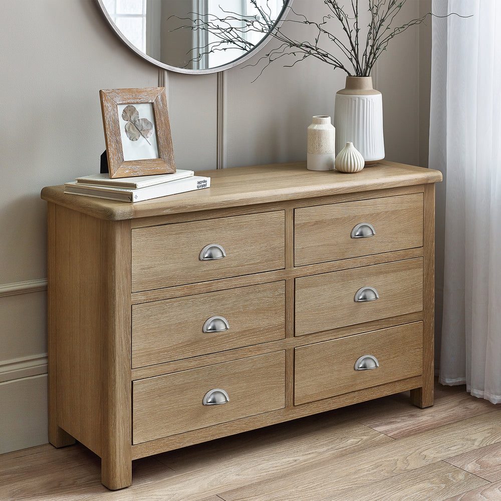 Memphis Limed Oak 6 Drawer Wide Chest